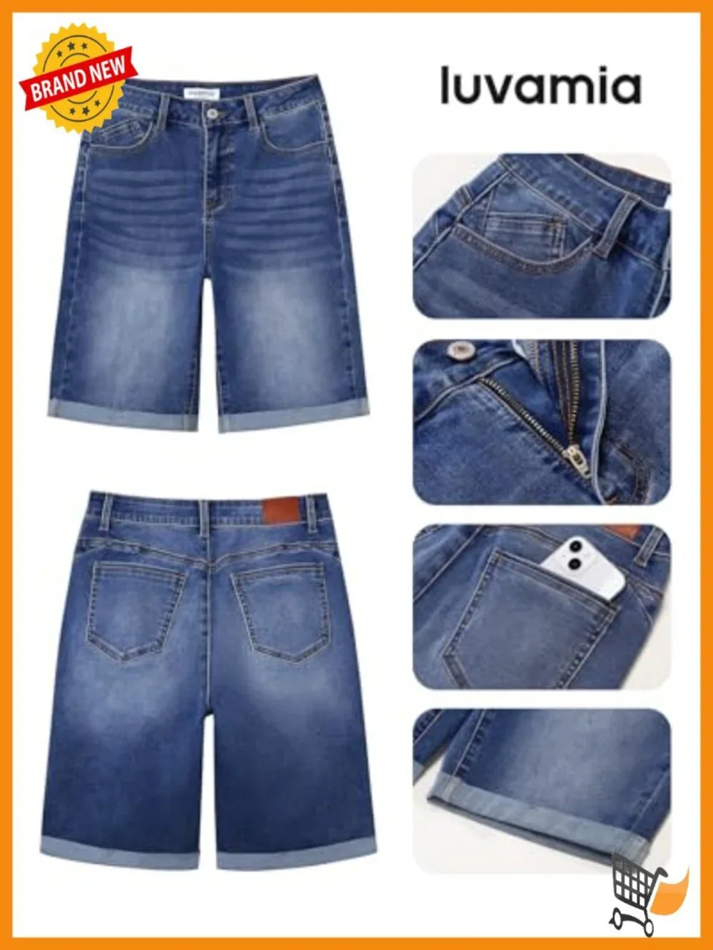 Bermuda Jean Shorts High Waisted Cuffed Hem Long Denim Stretchy Jorts